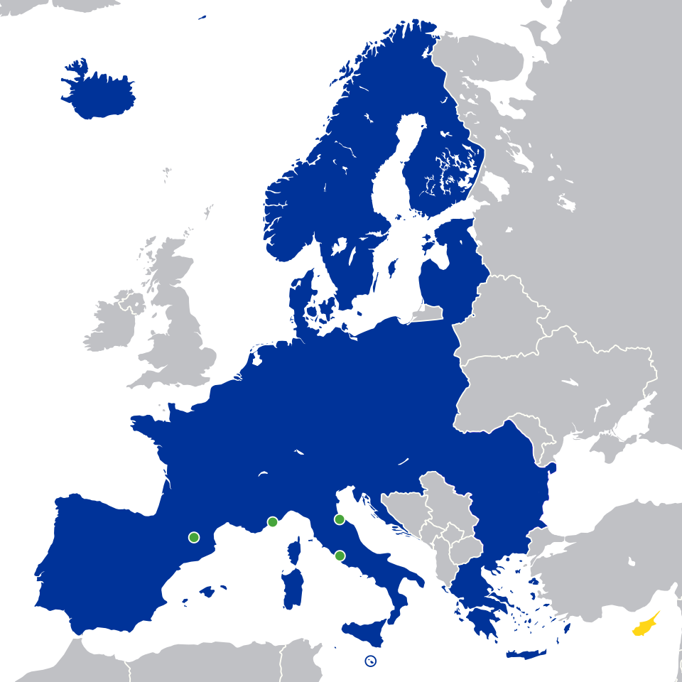 Χάρτης των χωρών της Ε.Ε. και Σένγκεν όπου ισχύει η ελληνική ταυτότητα