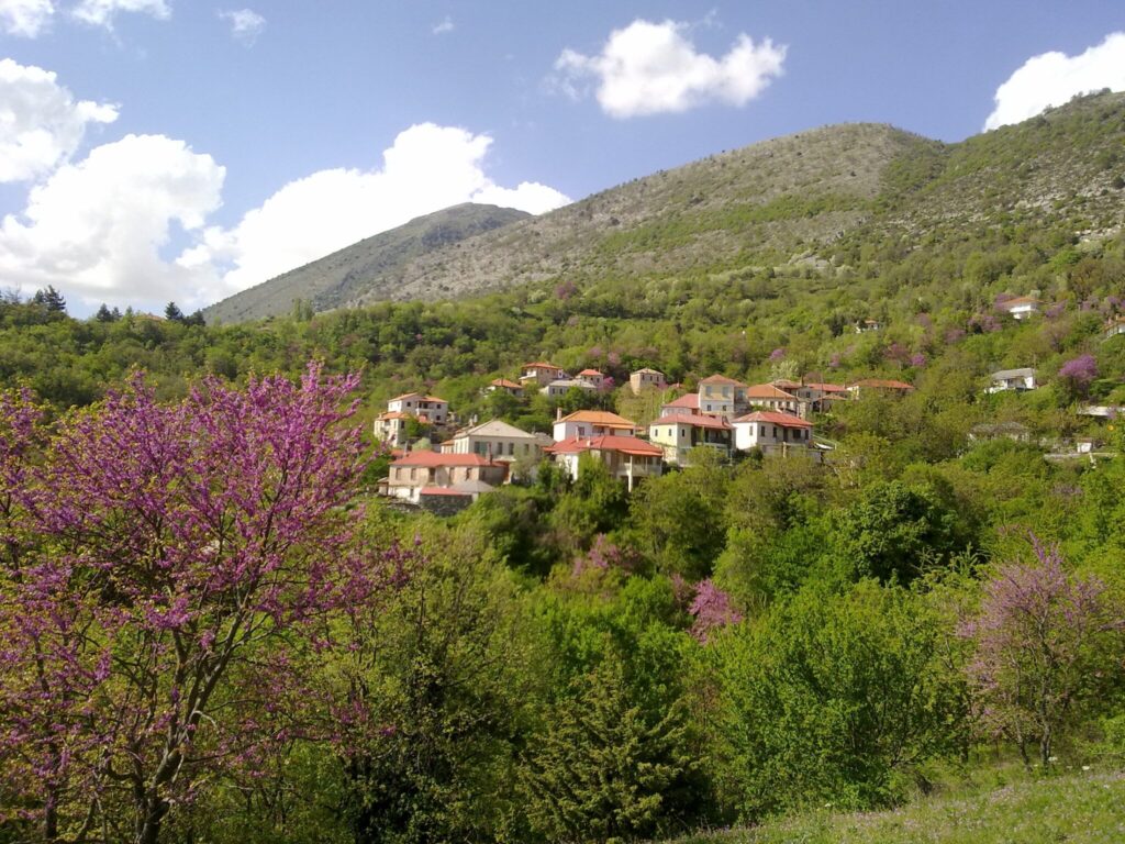 Άνοιξη σε ηπειρώτικο χωριό με κόκκινες στέγες και άνθη