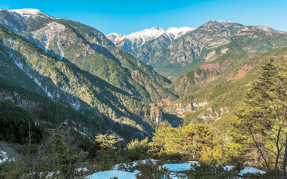 Πανοραμική θέα του Εθνικού Πάρκου Ολύμπου με τις χιονισμένες κορυφές και τα δάση της Πιερίας.