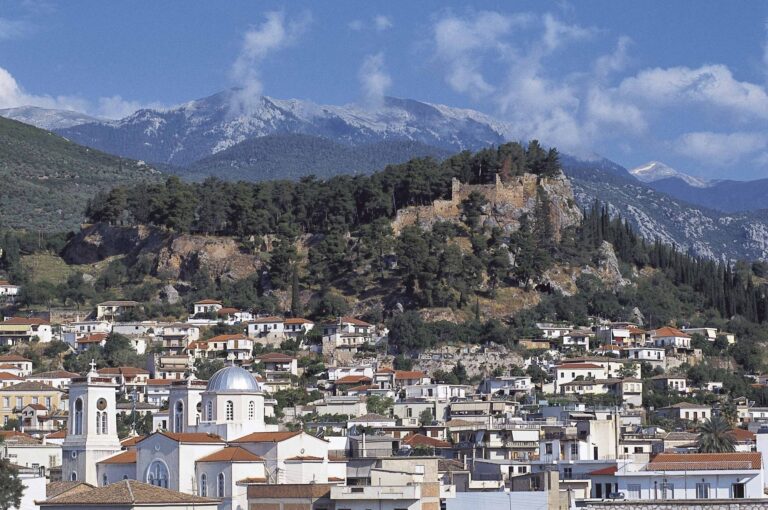 Άποψη της Άμφισσας με το κάστρο των Σαλώνων και φόντο τα βουνά της Ρούμελης