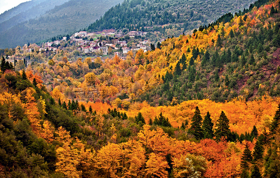 Θέα του Καρπενησίου μέσα στα έλατα και τα φθινοπωρινά χρώματα της Ευρυτανίας