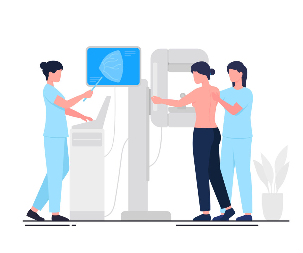 Επαγγελματίες υγείας καθοδηγούν γυναίκα κατά τη διάρκεια μαστογραφίας σε ιατρικό κέντρο.